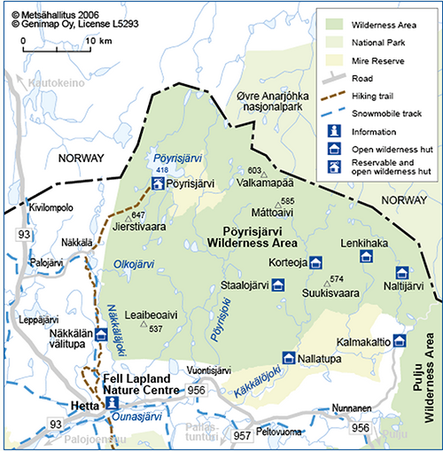 Map of huts in the Pöyrisjärvi Wilderness Area