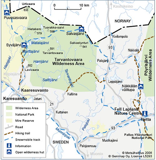 Map of Tarvantovaara Wilderness Area showing trails and the Norwegian border