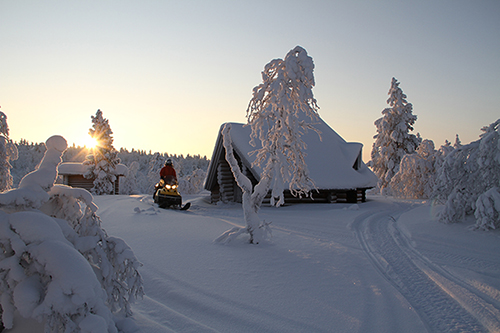 Snowmobile safari in the snowy landscape