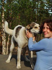 A guide with a husky on the summer farm
