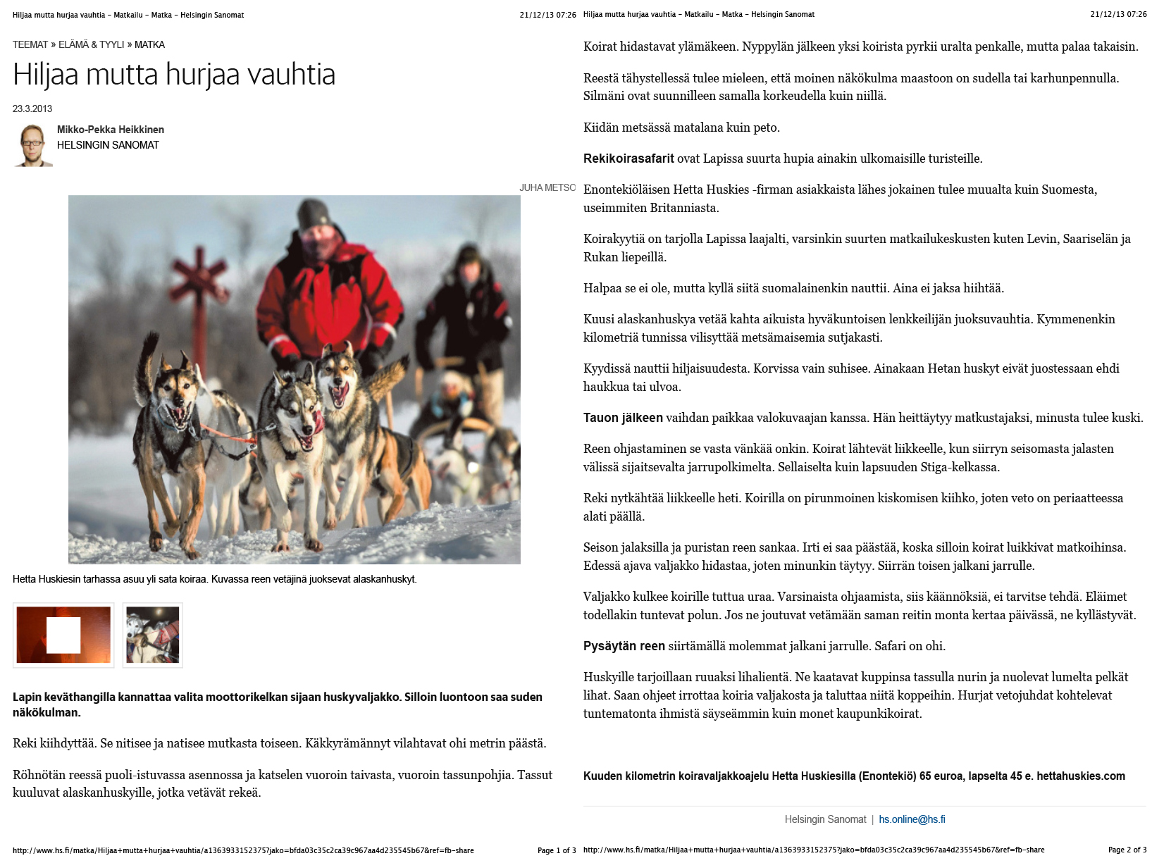 Helsingin Sanomat coverage of Hetta Huskies